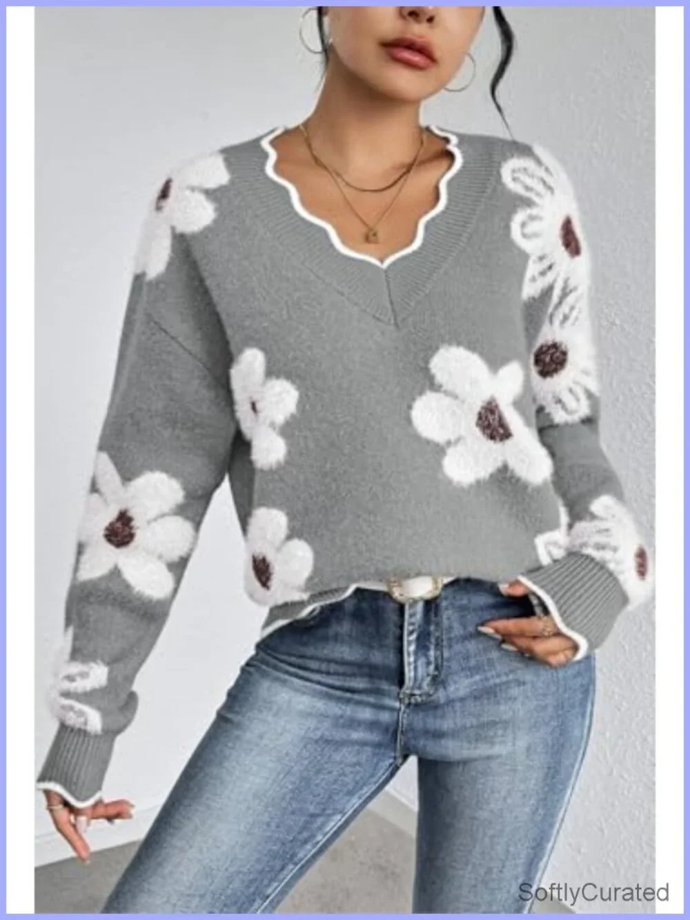 Oversized V Neck Fuzzy Sweater Chunky Knit Pullover Long Sleeve